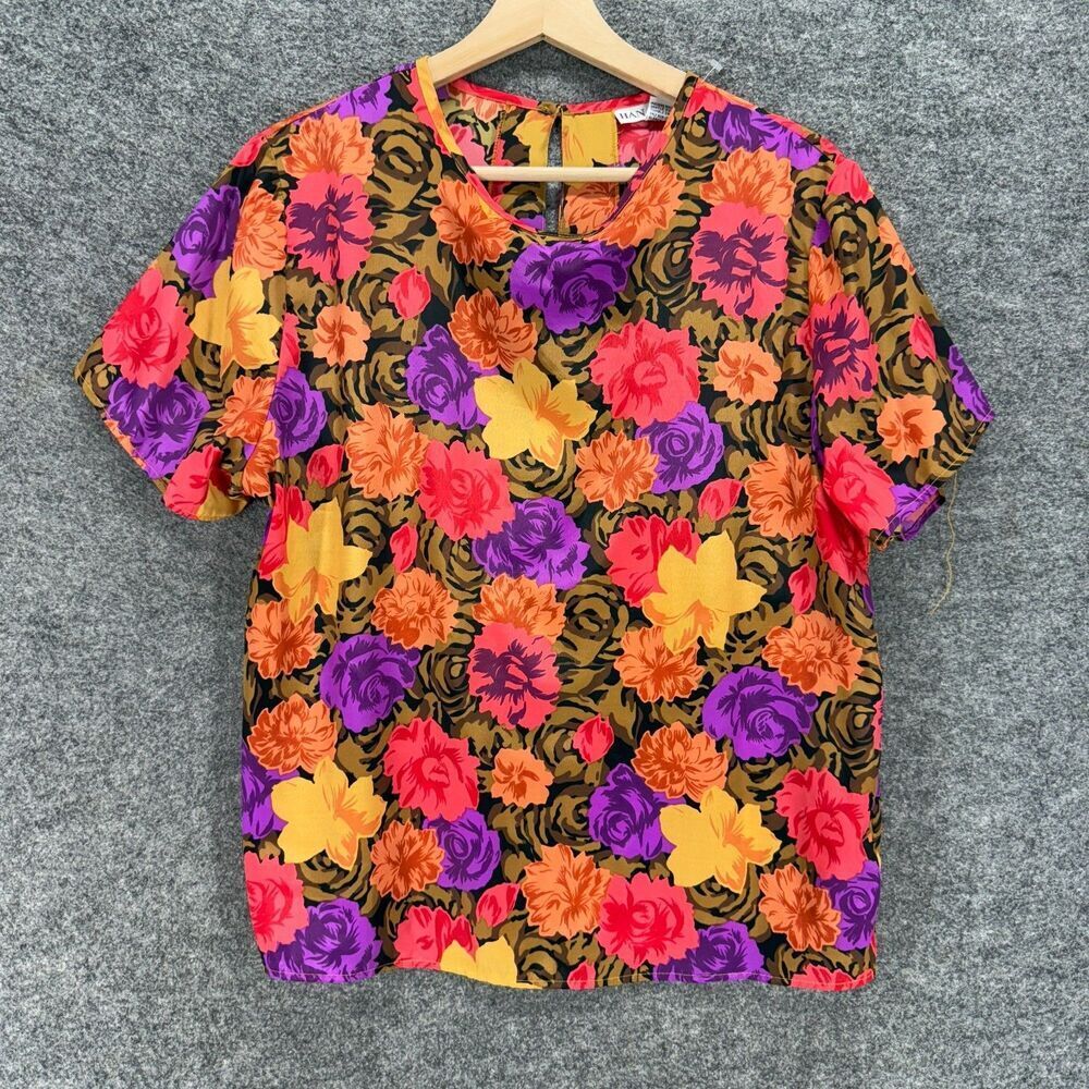 Hana Sung Blouse Women L Large Pink Floral Hook & Eye Short Sleeve Crew Neck